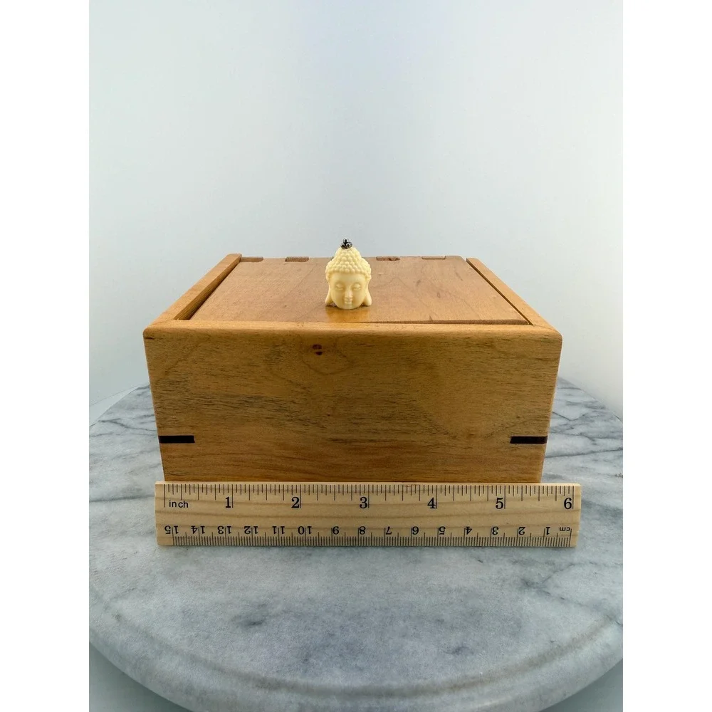Vintage Handcrafted Wooden Keepsake Box Buddha Finial, Artisan, Zen Meditation